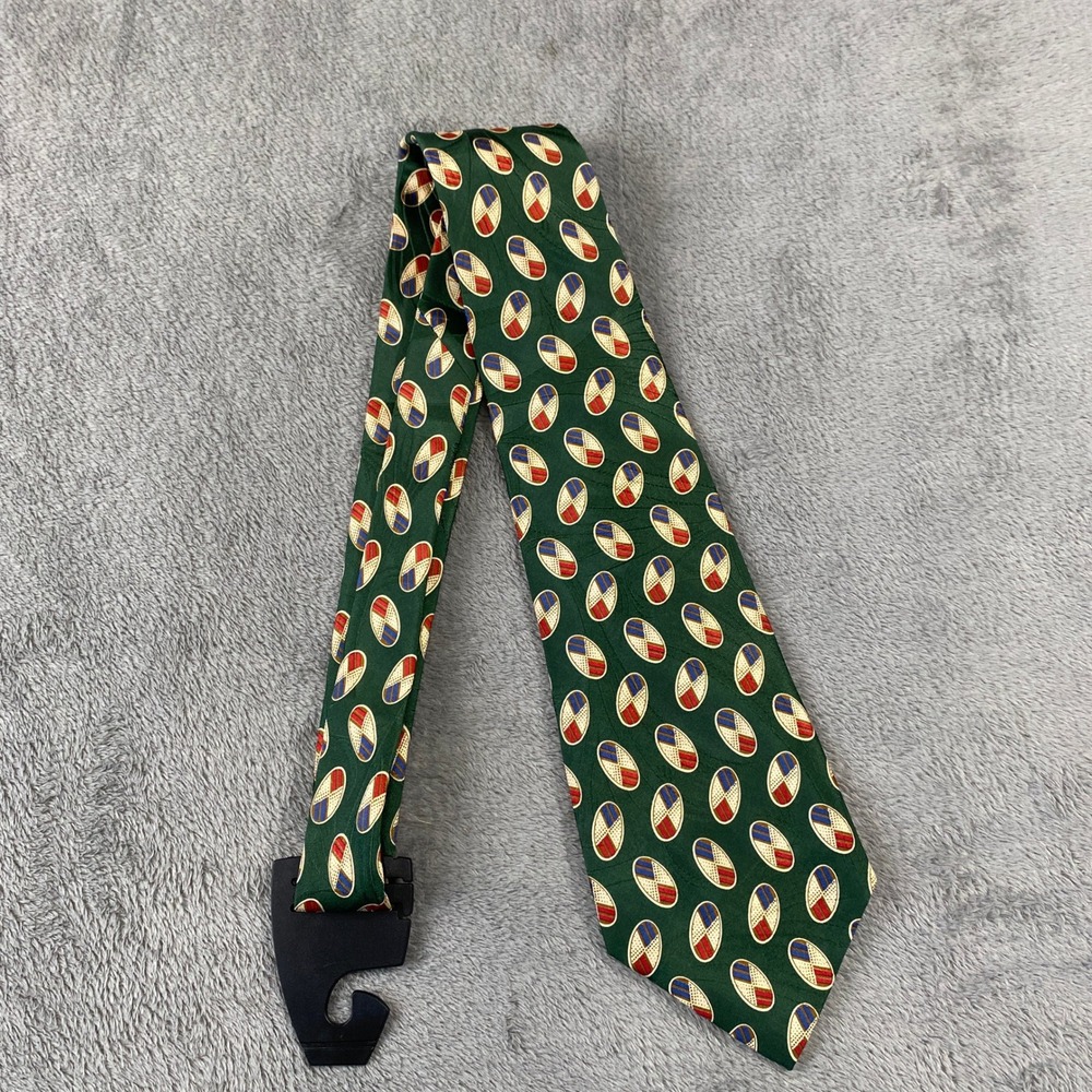 Vintage Polo Ralph Lauren Tie Mens OS Green Red Silk Oval Geometric USA Handmade